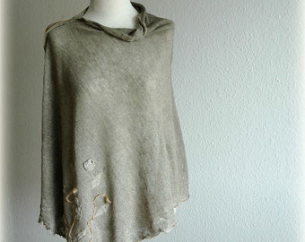 Linen Knitted Delicate Grey Poncho With Appliqes Eco Friendly Clothing Natural