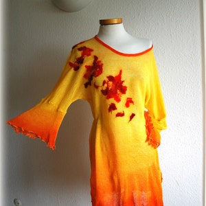 Summer Linen Tunic,Yellow Orange LINEN Knitted, Hndmade Linen Tunic ,  Boho Tunic, Fiber Art, Eco Friendly, Clothing Natural M L Size