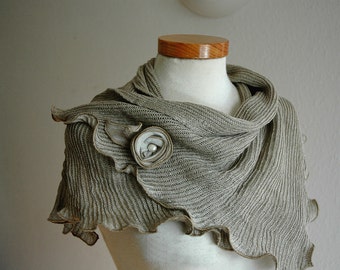 Eco Linen Scarf: Grey Shawl Cowl Wrap with Rose Pin