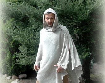 Poncho gris LIN, lin tricoté, poncho à capuche, cape Jedi, vêtement unique, vêtements bocho, poncho pour homme, vêtement naturel, écharpe, cadeau pour lui