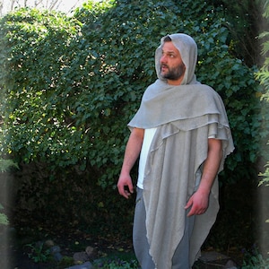 Jedi Cape, Nomad Clothing, Bocho LINEN Clothing,Grey Shawl  Poncho Men&#39;s,  Hooded LINEN Poncho ,  Man Poncho  , Desert  Men,Desert Robe