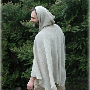 Grey Poncho Men's  Hooded LINEN Poncho,Unique Clothing,Jedi Cape Bocho Clothing Man Poncho, Natural LINEN Clothing Wrap Sweater,Gift for Him