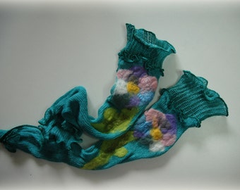 Ideal GIFT, Romantic Fingerless Gloves, Mittens Arm Warmers ,LINEN Knitted, Turquoise With Unique Felt Flower Appliques Eco Friendly