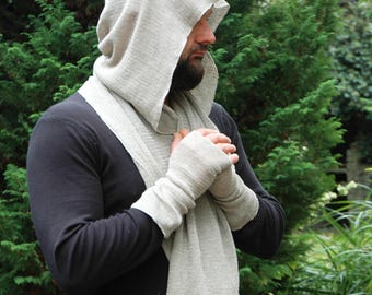Set med linnehalsduk och fingerlösa handskar: Grå axelbandslös halsduk
