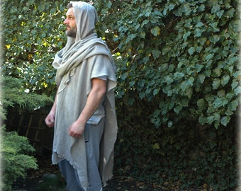 Grey Shawl  Poncho Men's,  Hooded LINEN Poncho,Unique Clothing Jedi Cape Bocho Clothing  Man Poncho, Natural  Clothing  Wrap,  Gift For Him