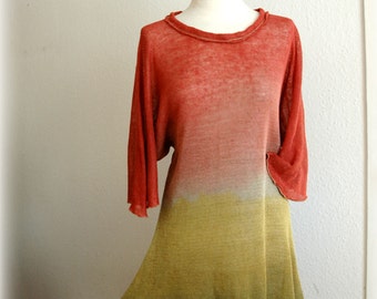 Vestido túnica de lino teñido a mano: manga kimono asimétrica, ecológico