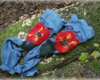 Romantic Blue LINEN Fingerless Gloves , Artsy gift for Women ,Mittens Arm Warmers, Valentines gifts for Her, Felted Mittens,