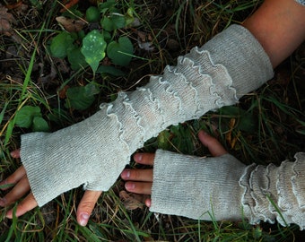 Linnen vingerloze handschoenen: grijze gebreide armwarmers