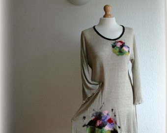 Asymmetric Grey Tunic LINEN Knitted Short Sleeve With Felt Flower Application Eco Friendly Clothing Size M L