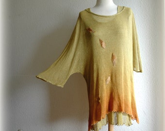 LINEN Tunic, Asymmetrical,Linen  Knitted, Yellow Orange Hand-Dyed, Flower Appliques Unique Fiber Art, Eco Friendly , Natural Clothing ,