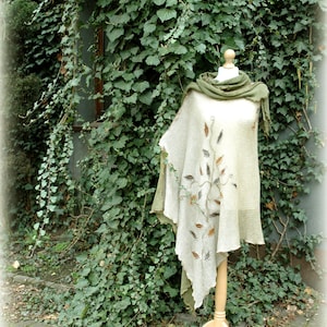 Poncho Green Sepia Umber LINEN Knitted Hand Dyed With Appliues Linen  Unique Natura,  Poncho Women, Wrap Sweater Eco Friendly Clothing