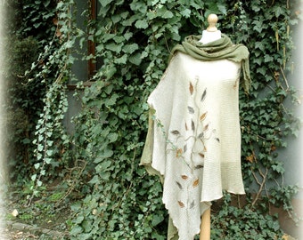 Poncho Green Sepia Umber LINEN Knitted Hand Dyed With Appliues Linen  Unique Natura,  Poncho Women, Wrap Sweater Eco Friendly Clothing