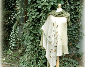 Poncho de lino tejido a mano para mujer: Prenda tejida con apliques.