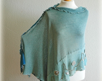 Artsy turquoise Linen Poncho,Women's Poncho,Linen Clothing,Gift for Mom,