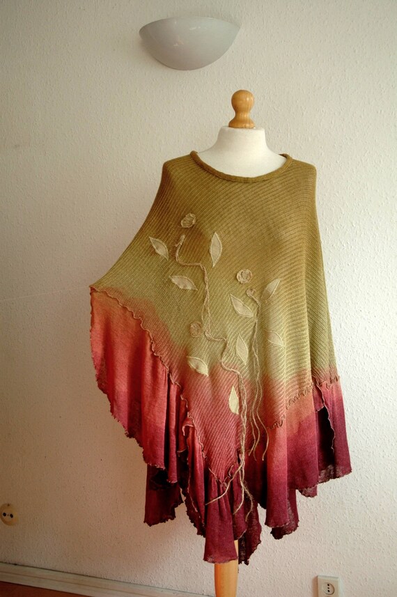 LINEN Poncho, Green Burgundy  Knitted, Linen Clothing,Boho Cothing ,  Unique Natura, Women Poncho Wrap Sweater, Eco Friendly Clothing