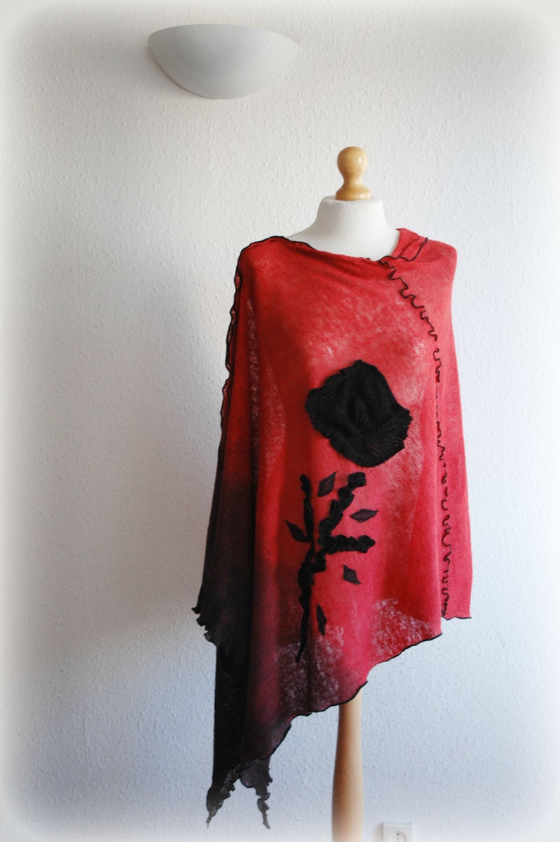 Pullover Sweater,Women/'s Plus Size Clothing Women/'s Poncho LINEN,Hand Dyed Red Coral Black Poncho,Women/'s Cape,Bohemian Sweater