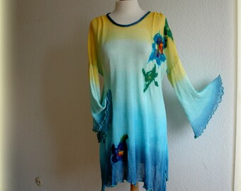 Artsy LINEN Asymmetric Tunic,  Sunny Turquoise  Hand Dyed  Blue Yellow Tunic , Knitted  Felt Flower Application ,Women Clothing Plus Size