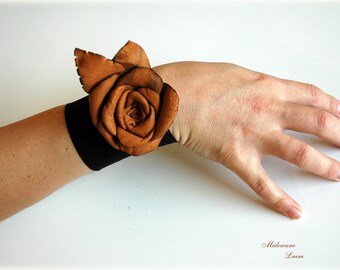 Brown Leather Rose Cuff Bracelet: Handmade Floral Brooch Necklace