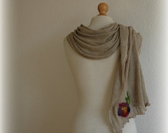 Grey Scarf LINEN ,Mittens Gloves Linen ,Knitted Linen, Hippie Gifts , Felt Application ,Linen Accessories