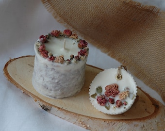 Botanical Candle with Flowers ROSE,Soy Candle with Petals, Rustic Soy candle,Rose Scented wax Pendant, Unique gift, White Candle ,