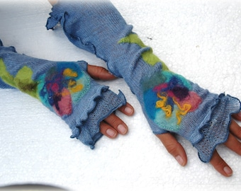 Romantische Fingerlose Handschuhe Fäustlinge LEINEN Armstulpen Geschenke Blau Leinen Gestrickt Einzigartige Filz Applikationen Eco Friendly Valentines Geschenk für Sie