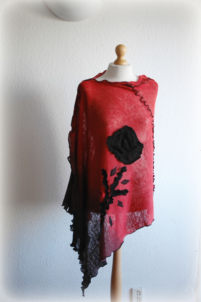 Pullover Sweater,Women/'s Plus Size Clothing Women/'s Poncho LINEN,Hand Dyed Red Coral Black Poncho,Women/'s Cape,Bohemian Sweater