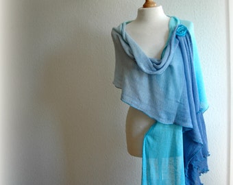 Turquoise Blue LINEN Shawl, Summer Shawl, Hand - Dyed Linen ,Knit Poncho,   Unique Art ,Beach cover-up,Summer scarf, Wrap Scarves