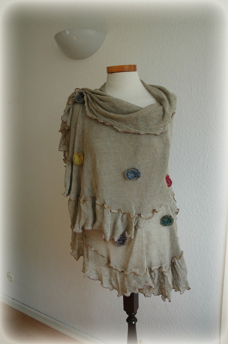 Grijze kleurrijke LINNEN gebreide sjaal, gemaakt van puur linnen, hippiegeschenken, unieke kunst eco-vriendelijke sjaal mode wrap sjaals kleding plus size afbeelding 5