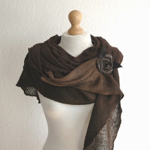 Women Brown  LINEN Scarf , Handmade Scarf , Leather Brooch,  Womens Scarf, Wrap Scarves, Christmas gift for Mom,Bohemian Clothing