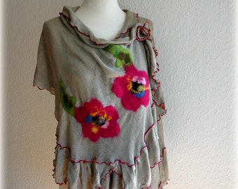 Artsy Linen Shawl: Felt Flower Appliques, Women's Hippie Gift