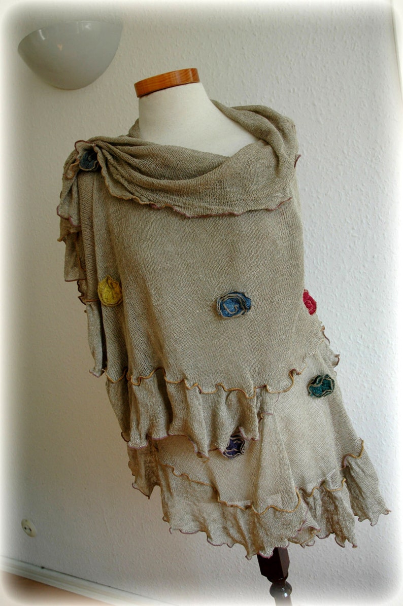 Grijze kleurrijke LINNEN gebreide sjaal, gemaakt van puur linnen, hippiegeschenken, unieke kunst eco-vriendelijke sjaal mode wrap sjaals kleding plus size afbeelding 2