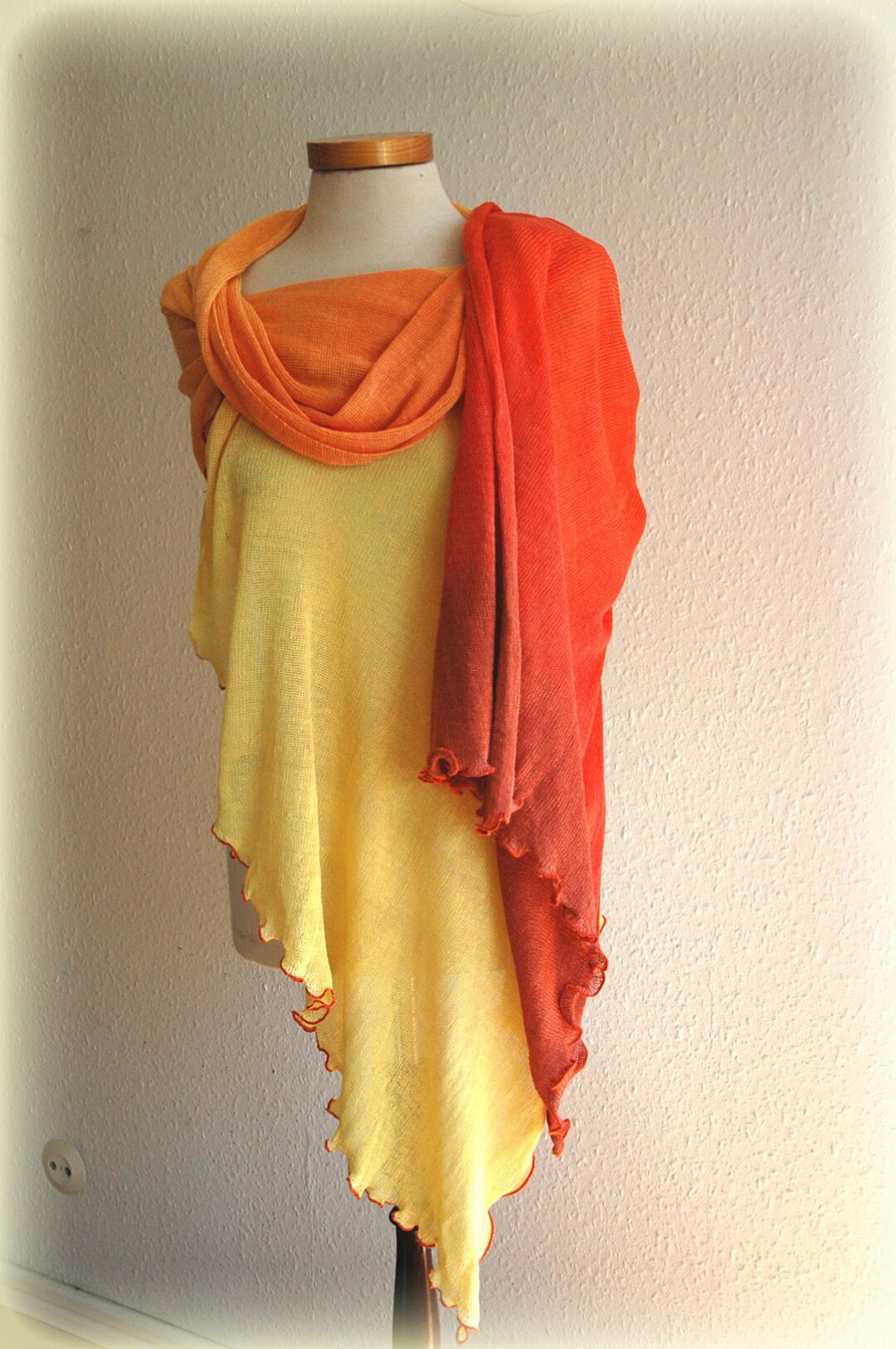 Sciarpa arancione LINO Avvolgente Poncho Stola con lino tinto a