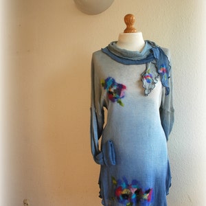 Blue Artsy  LINEN Tunic,Jeans Asymmetrical Tunic, Knitted Hand -Dyed  Handmade Tunic  Felted Appliques Boho Fiber Art Eco Friendly Clothing