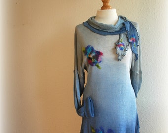 Blue Artsy  LINEN Tunic,Jeans Asymmetrical Tunic, Knitted Hand -Dyed  Handmade Tunic  Felted Appliques Boho Fiber Art Eco Friendly Clothing