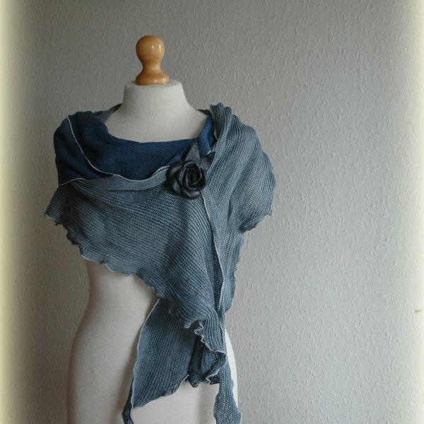 Blue LINEN Shawl ,Grey linen Knitted hand-Dyed , Leather Brooch Jeans Scarf Wrap Scarves ,Bohemian Clothing,Valentines  gift vor Her