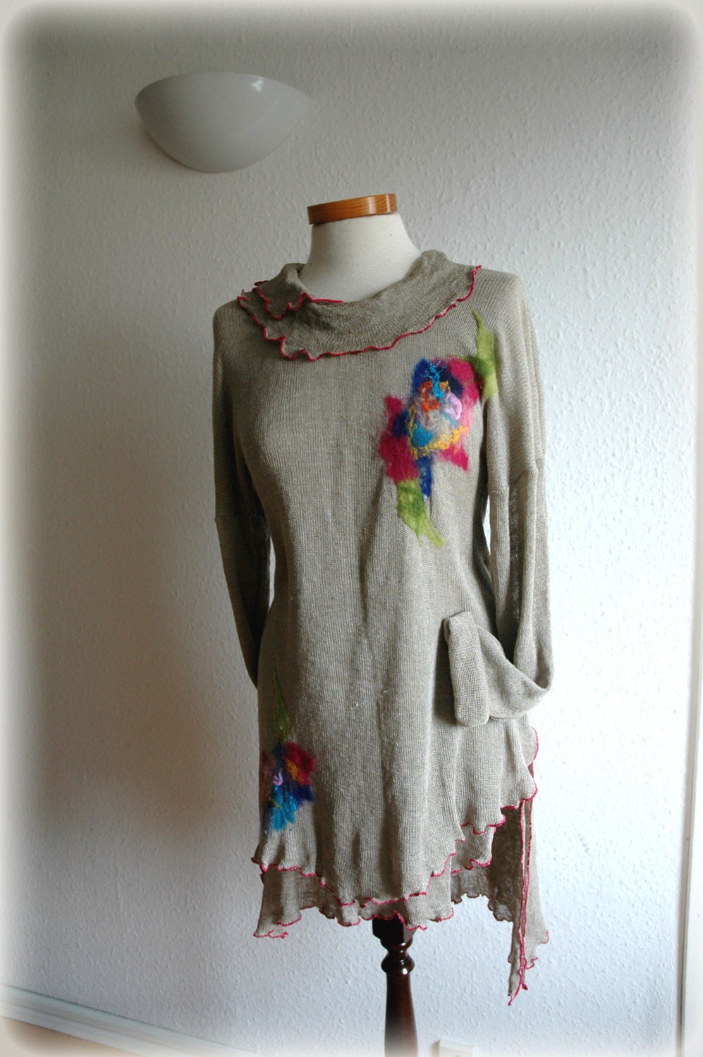Linen Knitted Grey Tunic Sweater With Felt Flower Appliques Fibre Art ...