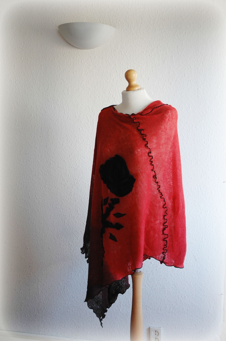 Pullover Sweater,Women/'s Plus Size Clothing Women/'s Poncho LINEN,Hand Dyed Red Coral Black Poncho,Women/'s Cape,Bohemian Sweater