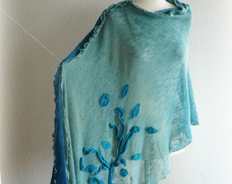 Hand-Dyed Linen Poncho: Turquoise Appliqué Cape
