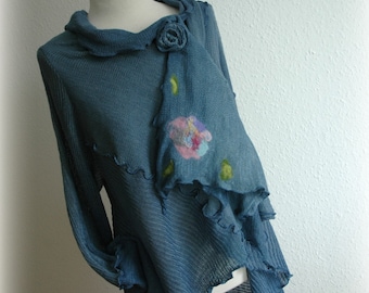 Kunstzinnig blauw LINNEN vest, hippie dameskleding, Festival Seater, gebreid vest, hippie trui, trui wrap, Boho kleding,