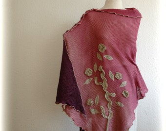 Hand-Knitted Linen Poncho: Burgundy Powder Pink Wrap with Appliqués