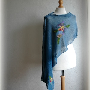 LINEN  Delicate Poncho, Blue  Knitted , Felt Flower Application, Eco Friendly, Natural Organic Clothing,Linen Clothing,Linen Poncho