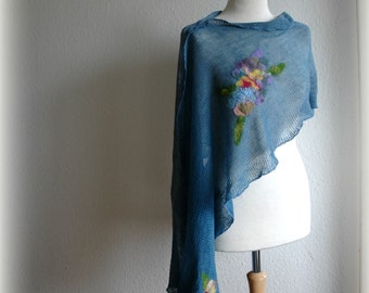 Poncho de lino azul tejido: aplique de flores de fieltro, ecológico.