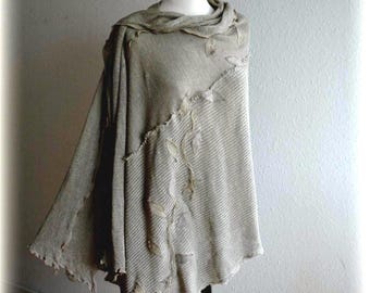 Poncho de lino gris: apliques florales bohemios, chal ecológico