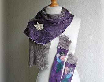 Violette boho sjaal, wantenhandschoenen, linnen gebreid, kunstzinnig cadeau voor vrouwen, leren broche, paarse vingerloze handschoenen, cadeaus voor haar