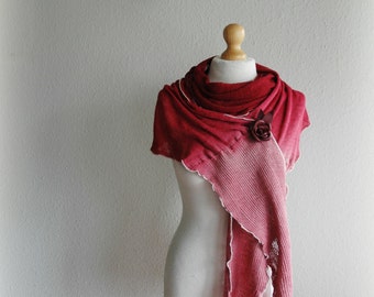 Powder Pink LINEN Shawl , Linen Knitted hand-Dyed , Leather Brooch, Jeans Scarf, Wrap Scarves, Valentines  gift vor Her ,Bohemian Clothing