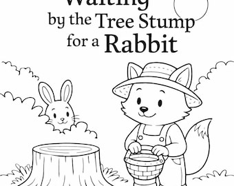 Esperando a un conejo junto al tronco del árbol - Libro para colorear en PDF para niños - Descarga instantánea