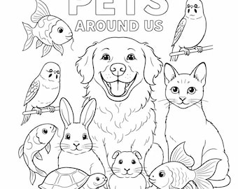 Libro para colorear "Mascotas a nuestro alrededor" para niños: Libro de cuentos de 25 páginas (Descarga en PDF)