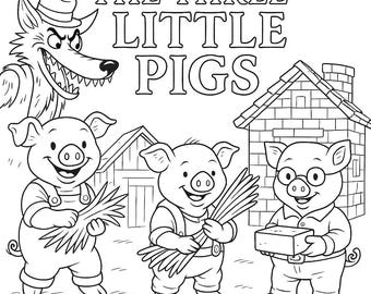 Libro para colorear de Los Tres Cerditos (PDF) para niños - Descarga instantánea