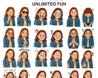 Personalized Cartoon Portrait Stickers: 24 Custom Facial Expressions (Digital Download)