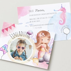 Einladungskarten Kindergeburtstag Meerjungfrau pink – personalisierbar mit Foto & Text – 10er-Set inkl. Umschläge
